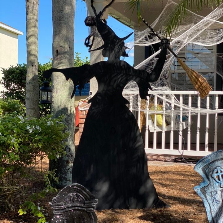 Black witch wood cut out in a yard with cob webs in the background.