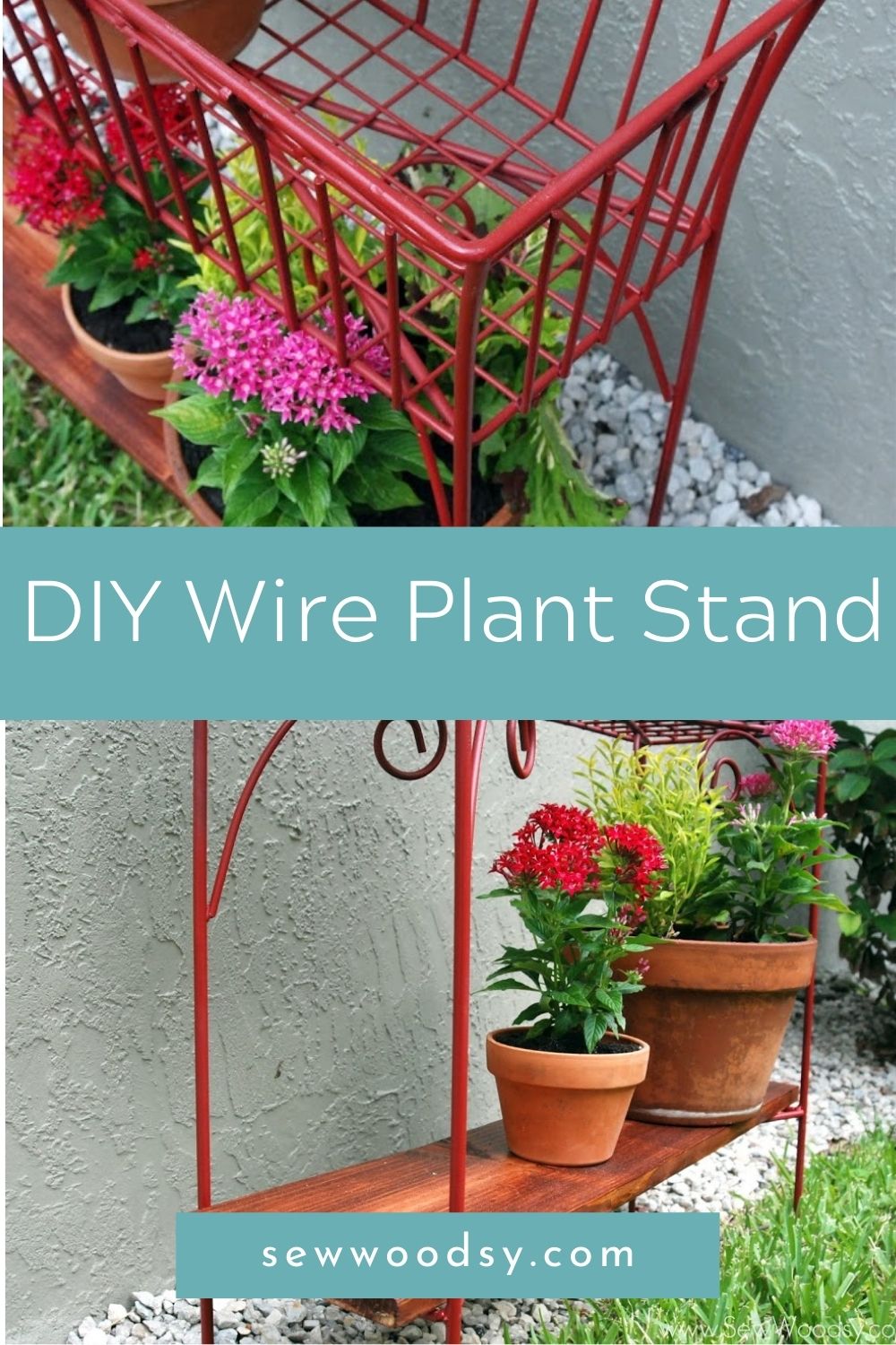 Two photos of a red wire plant stand split by text on image for Pinterest.
