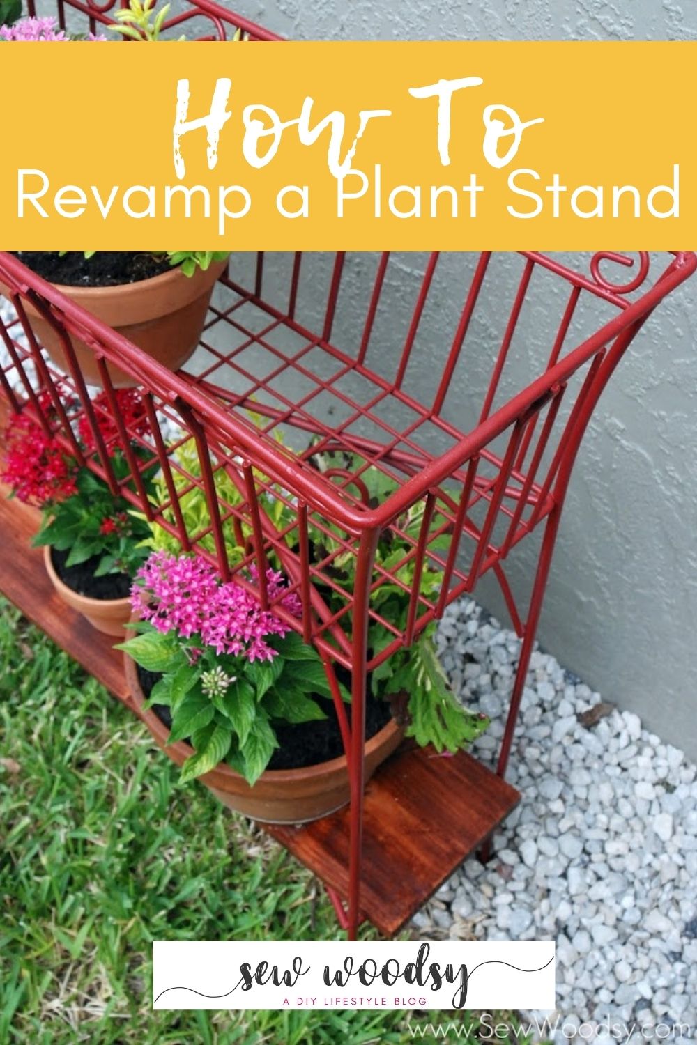 Close up of a red wire plant stand with text on image for Pinterest.
