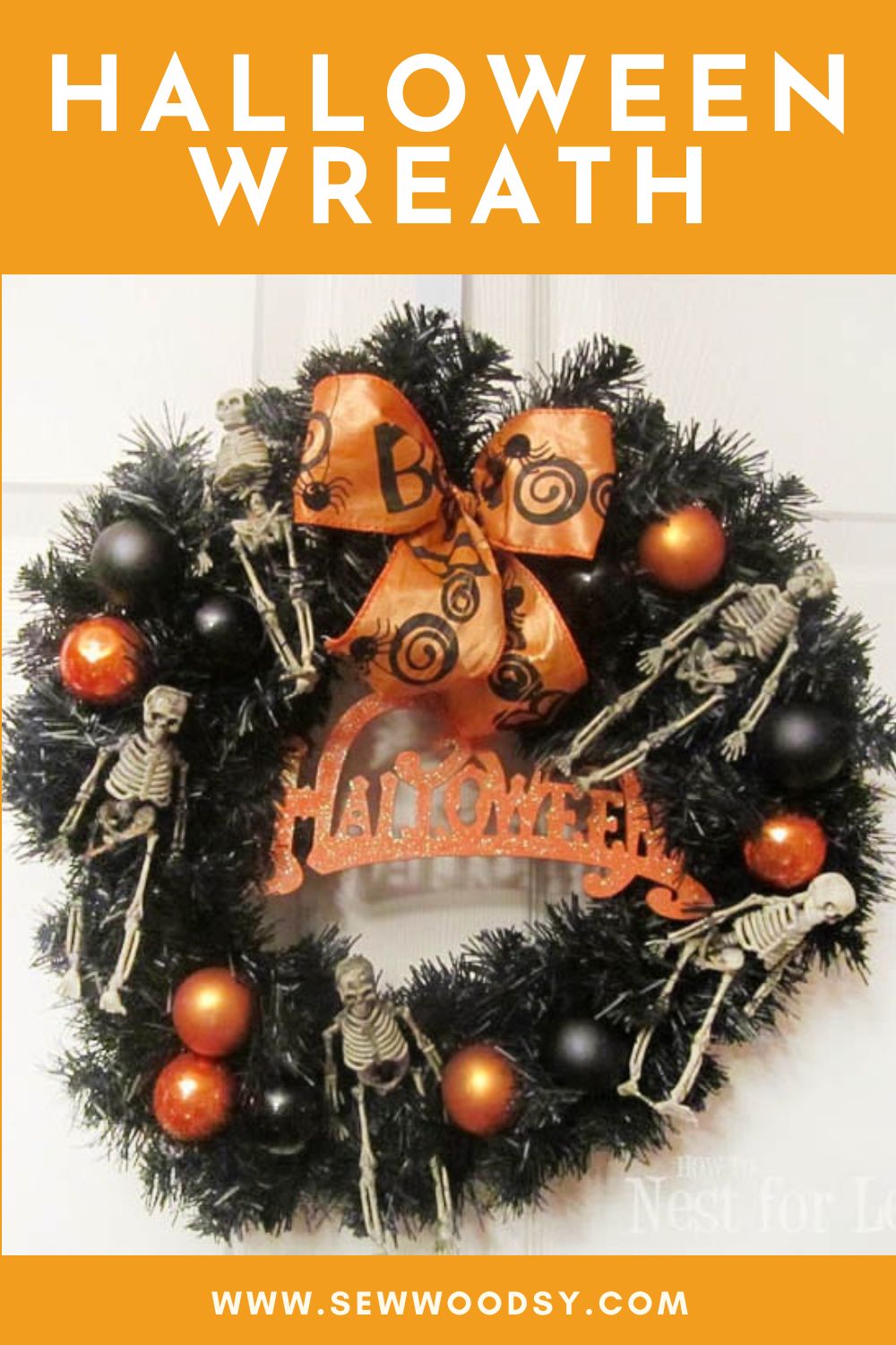 Black halloween wreath with skeletons and orange ribbon and ornaments with text on image for Pinterest.