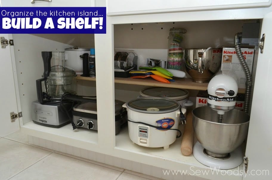 Organize the Kitchen Island... Build a Shelf! http://SewWoodsy.com #diy #PureBond #Kitchen #Organize