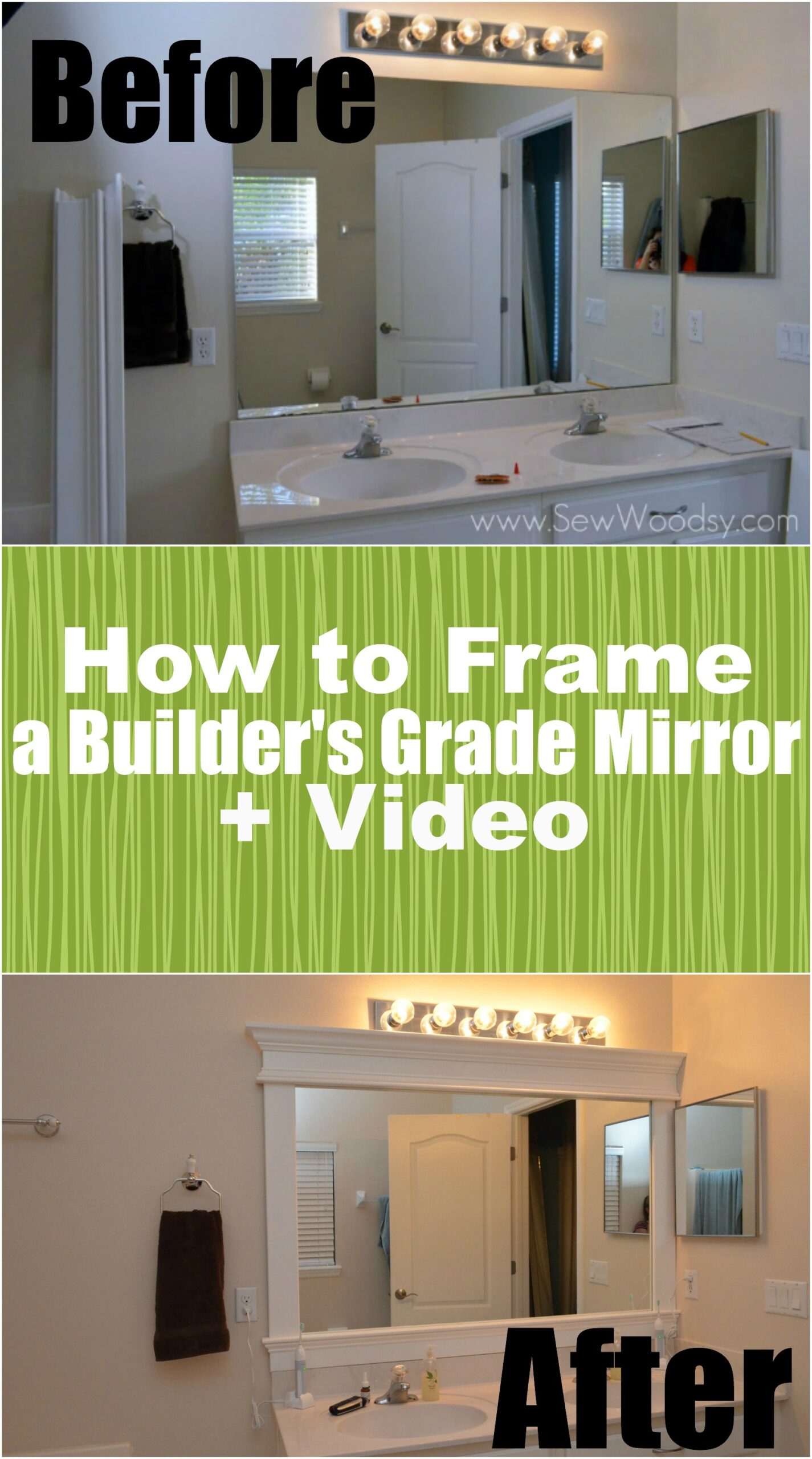 How to Frame a Builder's Grade Mirror (Before and After) via SewWoodsy.com for @HomesDotCom