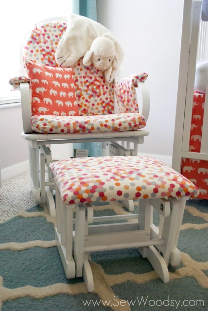 super cute polka dot glider -->> Coral and Aqua Nursery Inspirations from SewWoodsy.com