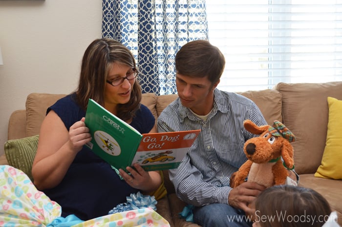 Reading messages in books -- we asked our guest to bring a book instead of a card for the baby's library!