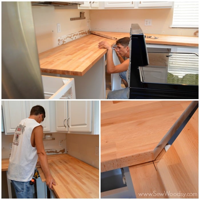 Man installing Butcher Block countertops- Joining Corners.