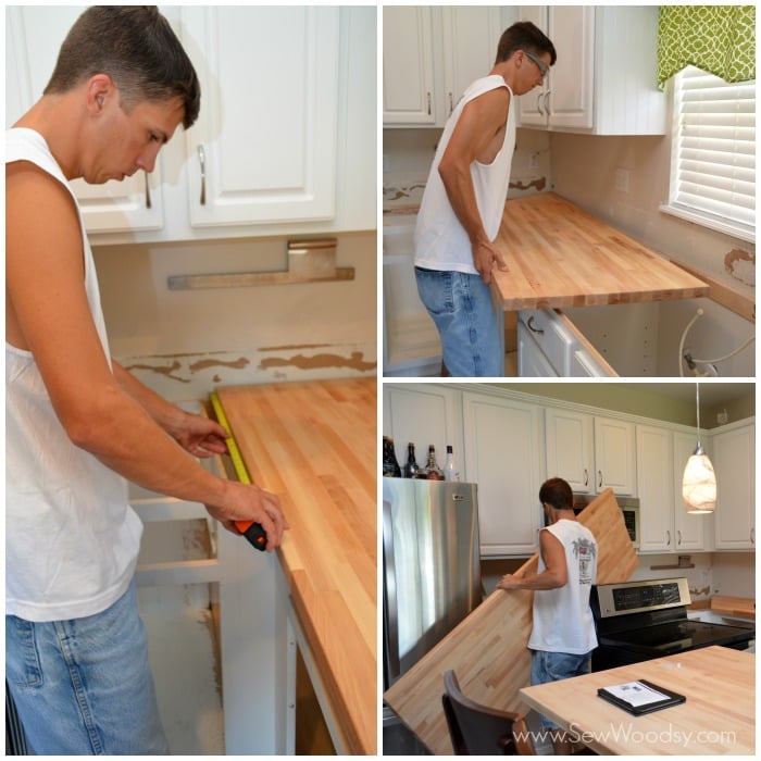 Man in three photos at different angles, measuring, and carrying butcher block countertops.