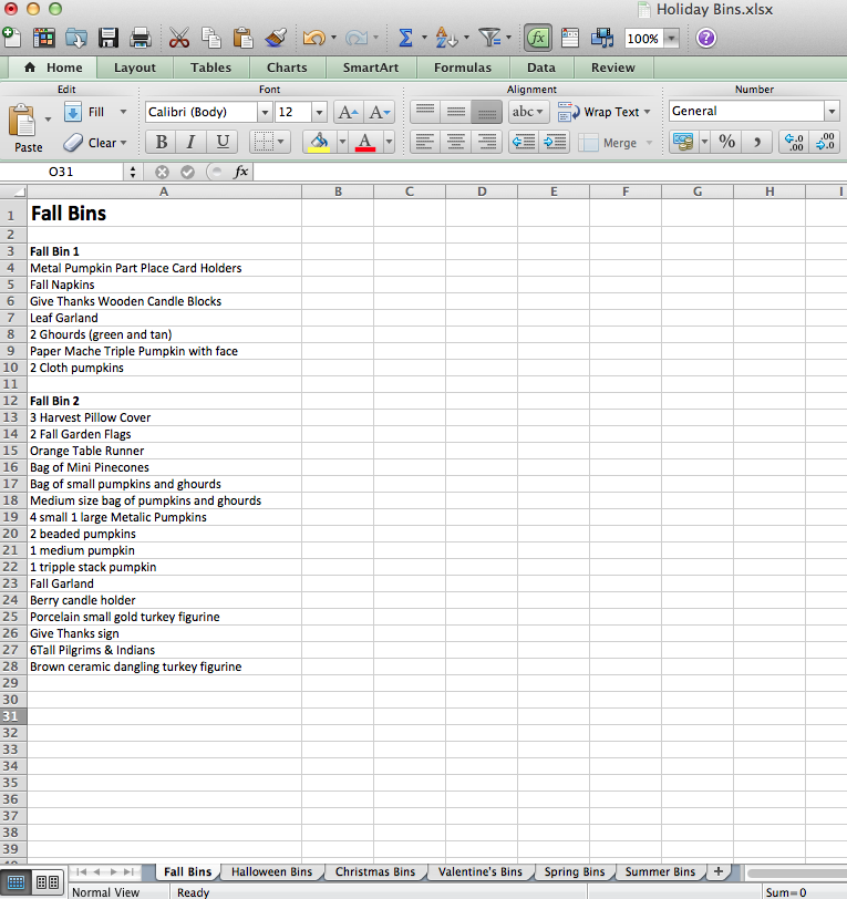 Holiday Bin Spreadsheet