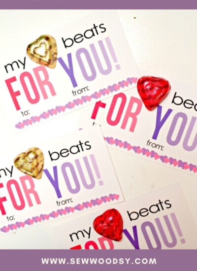 Four valentine cards with heart candy and text on image for Pinterest.