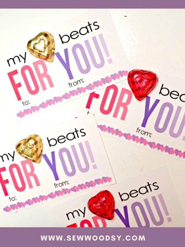 Four valentine cards with heart candy and text on image for Pinterest.