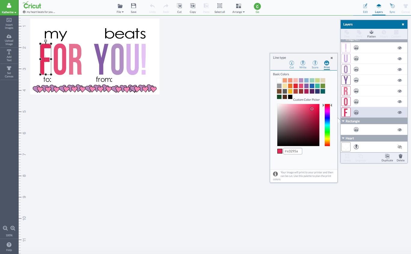 Screenshot of Cricut Design space design.