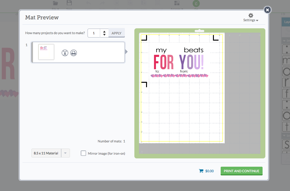 Screenshot of mat preview screen on Cricut Design Space.