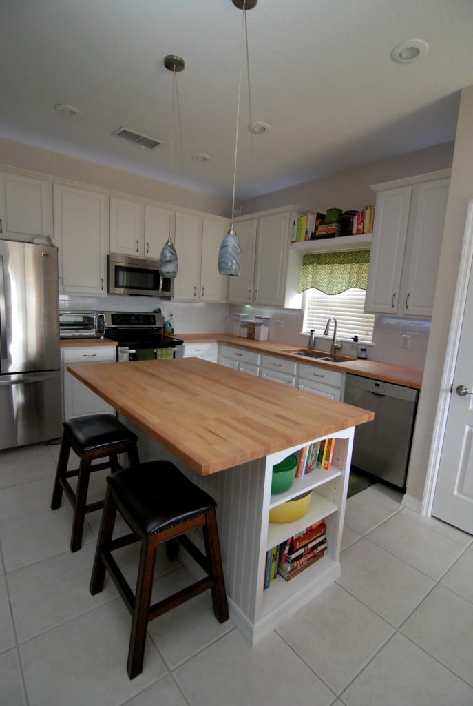 kitchen butcher block island with bookcase