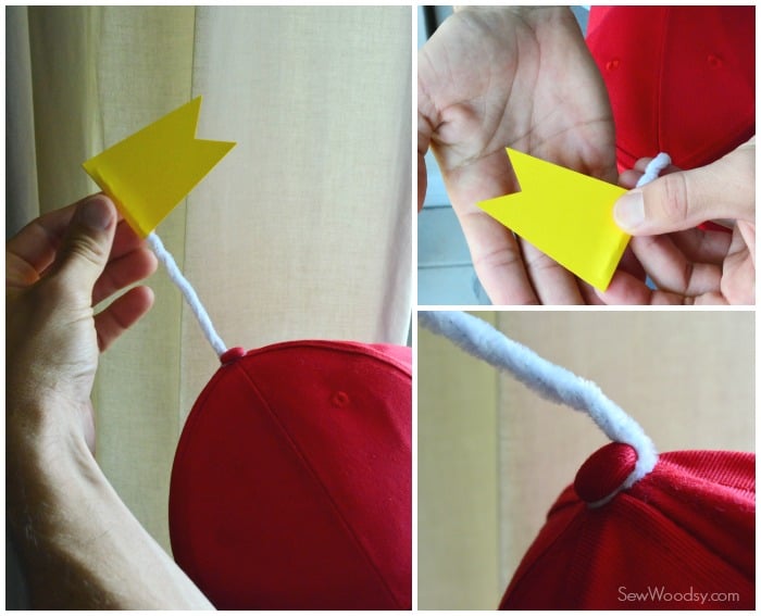 Three photos showing how to make a tweedledee hat.