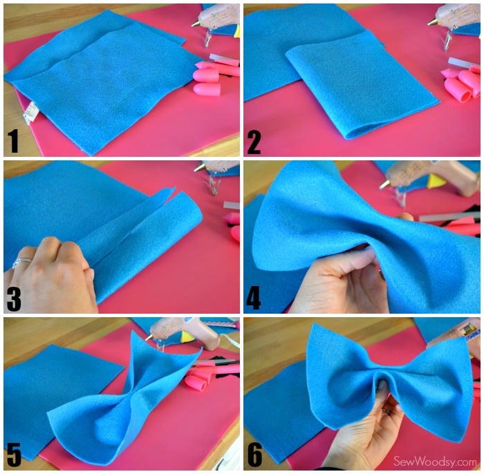 Six photos showing blue felt and pink mat making a felt bow tie.