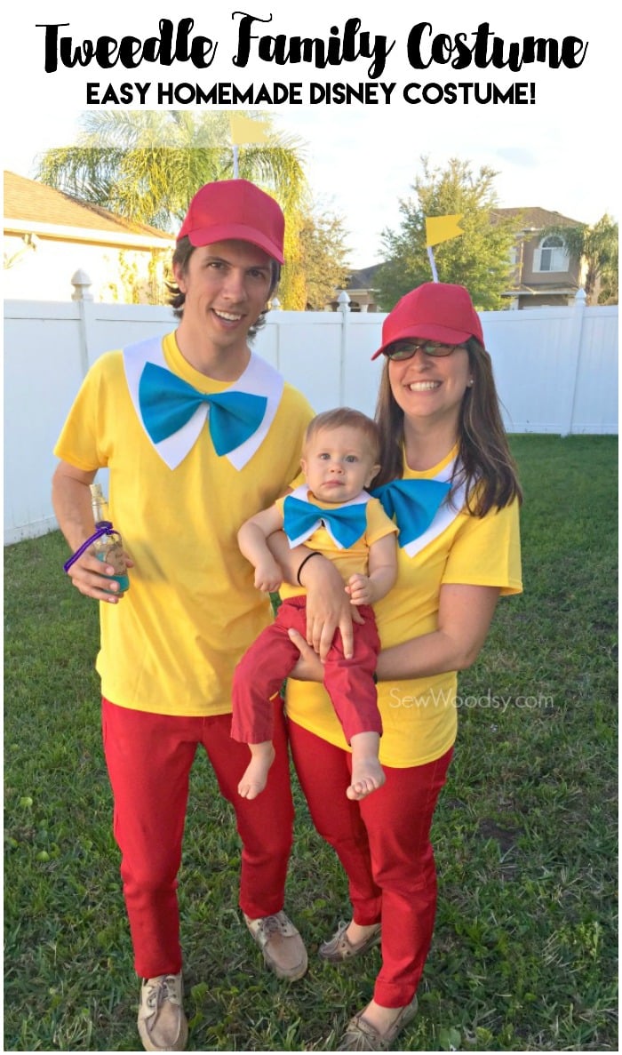 Easy Tweedle Family Costume tweedledee and tweedledum standing in a yard.