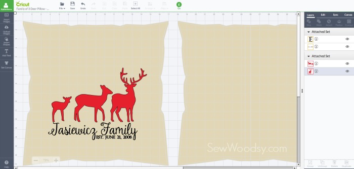 DIY Deer Family Pillow Cover Cricut Design Space Screen Shot