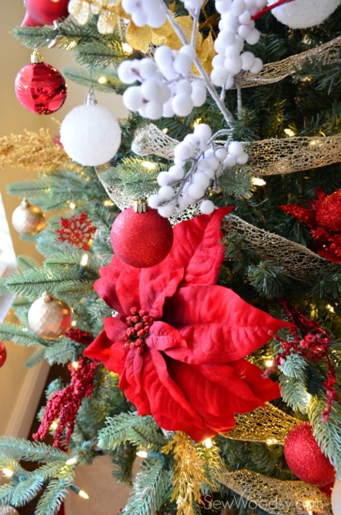 Large Red Poinsettias in Christmas Tree