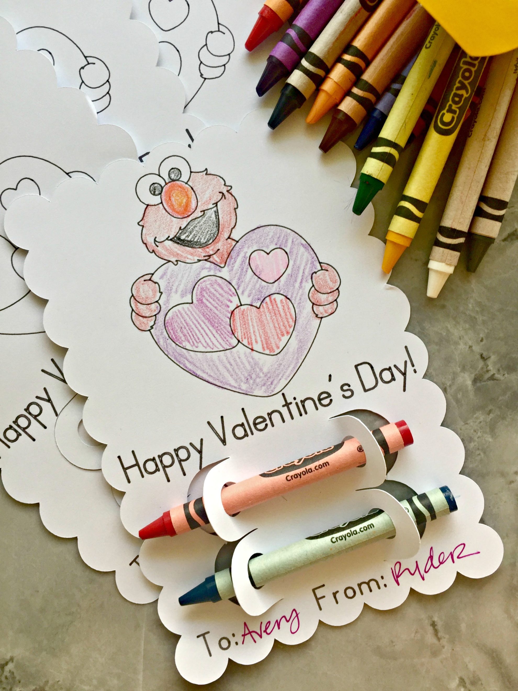 Top view of a close up of an elmo coloring valentine.