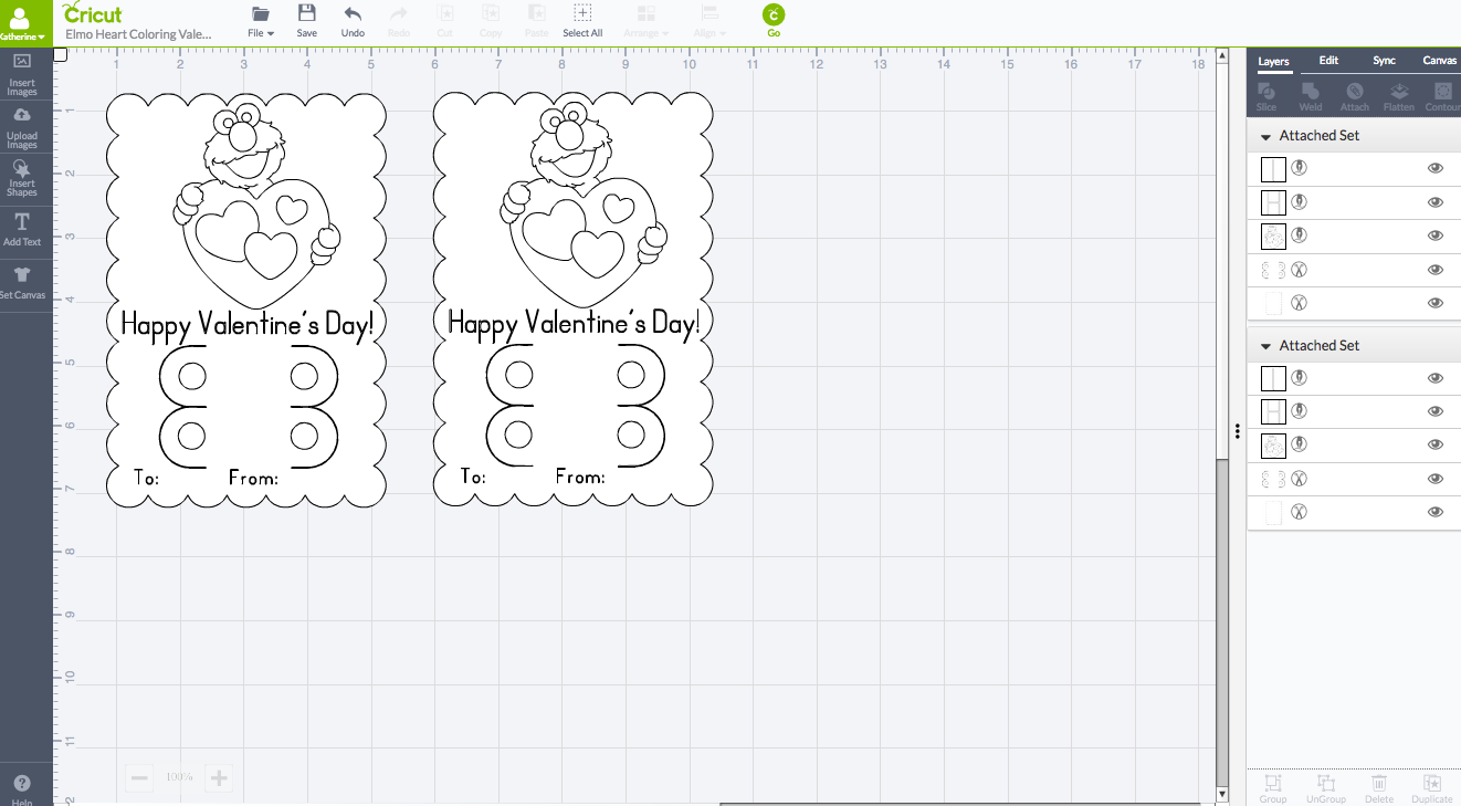 Screen shot of two Elmo valentine designs in Cricut Design Space.