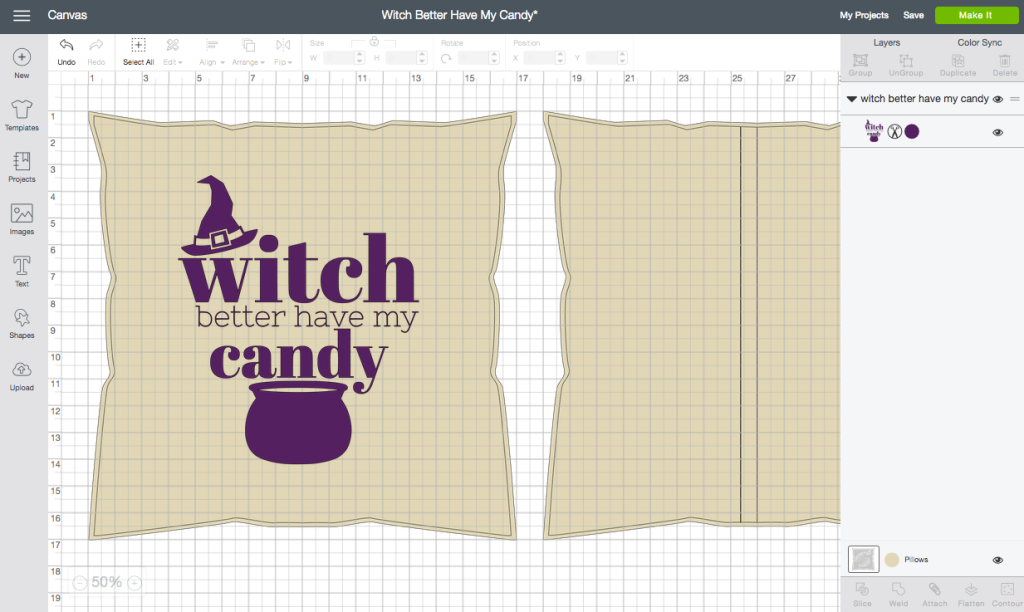 "Witch Better Have My Candy" Halloween Pillow - ScreenShot Cricut Design Space