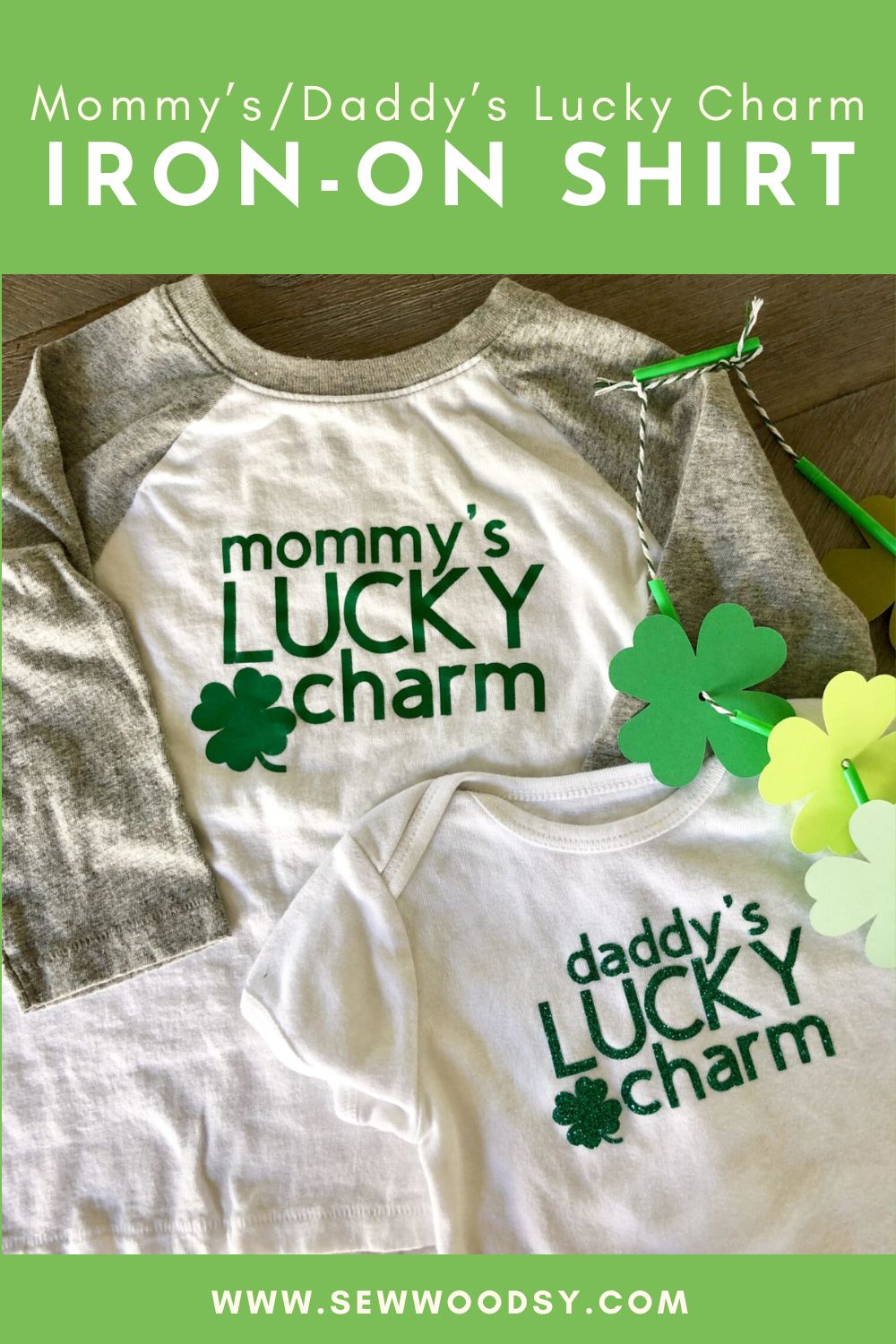 Two shirts that say lucky charm on them with text on image for Pinterest.
