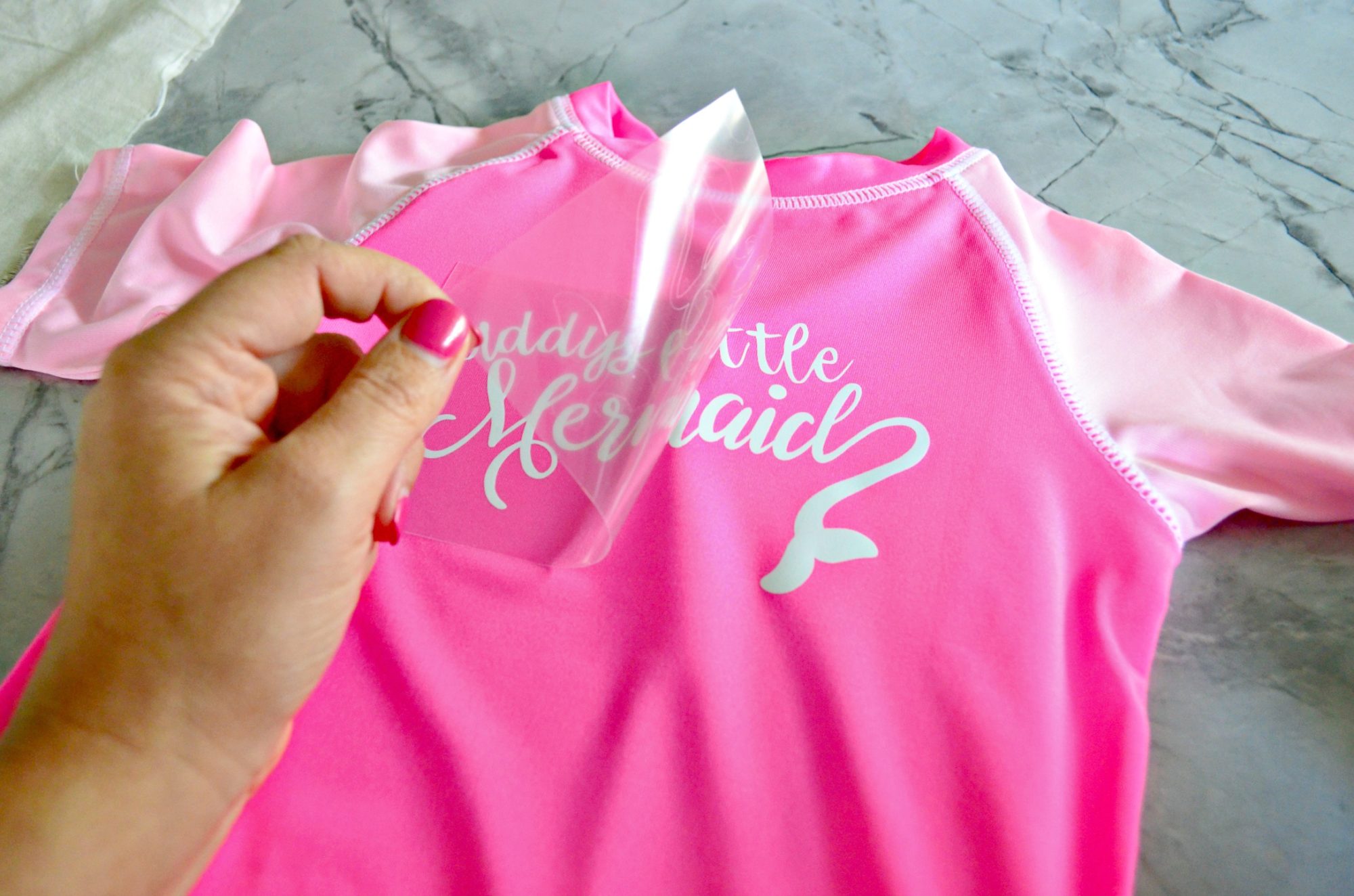 DIY Daddy's Little Mermaid Rash Guard Made with Cricut Maker Peeling HTV Film