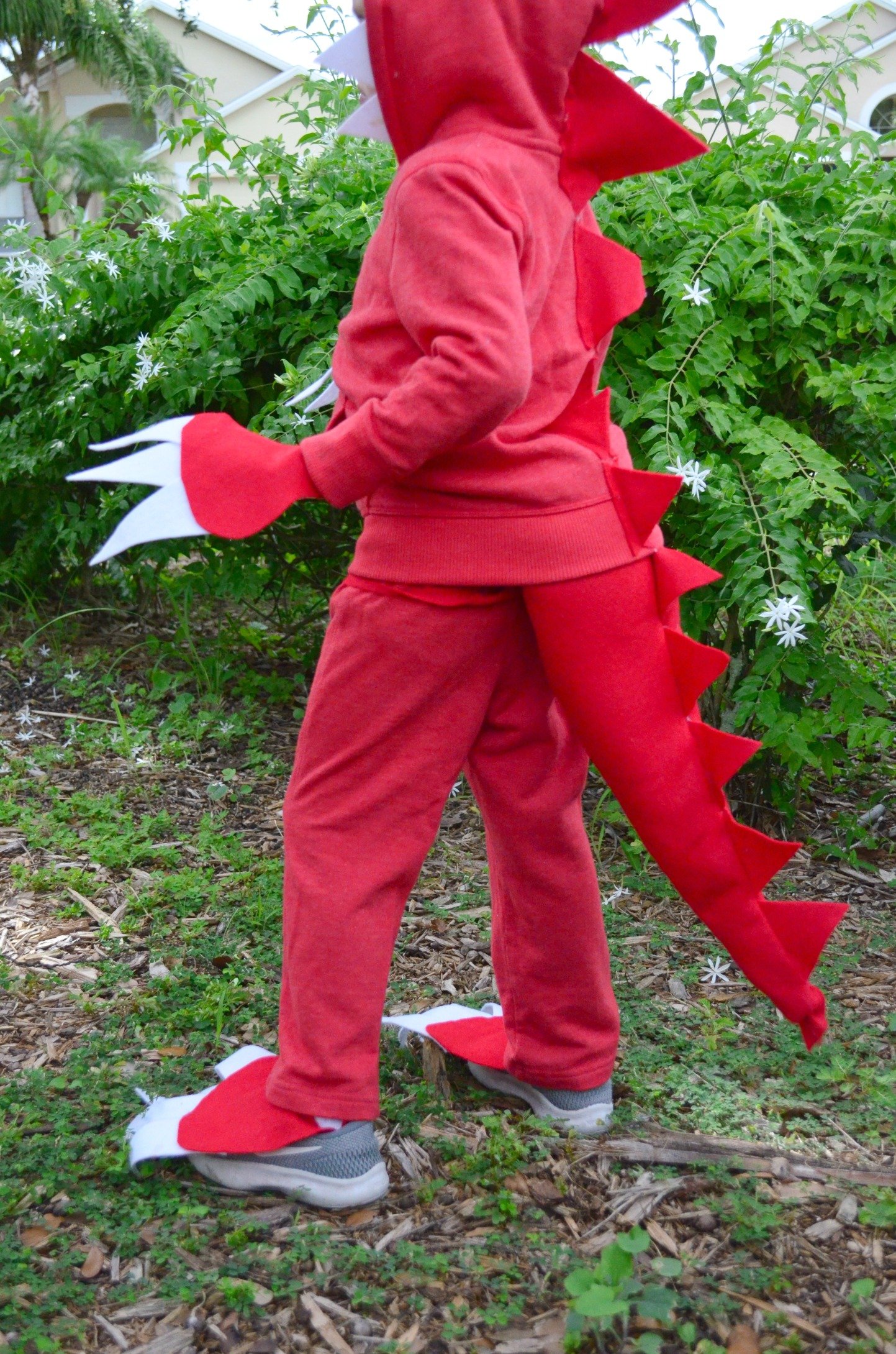 Side profile of a little boy in a red handmade dinosaur costume with claws and tail.