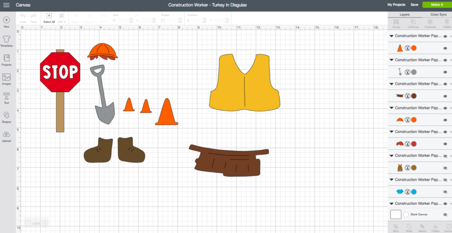 Construction Worker Turkey in Disguise Cricut Design Space Screenshot