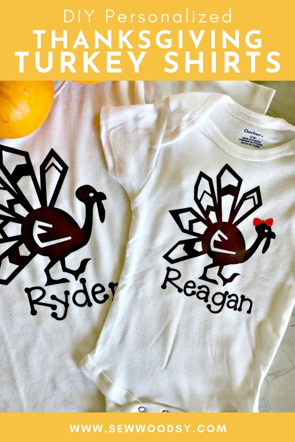 Two Thanksgiving shirts with turkeys and names on them with text on image for Pinterest.