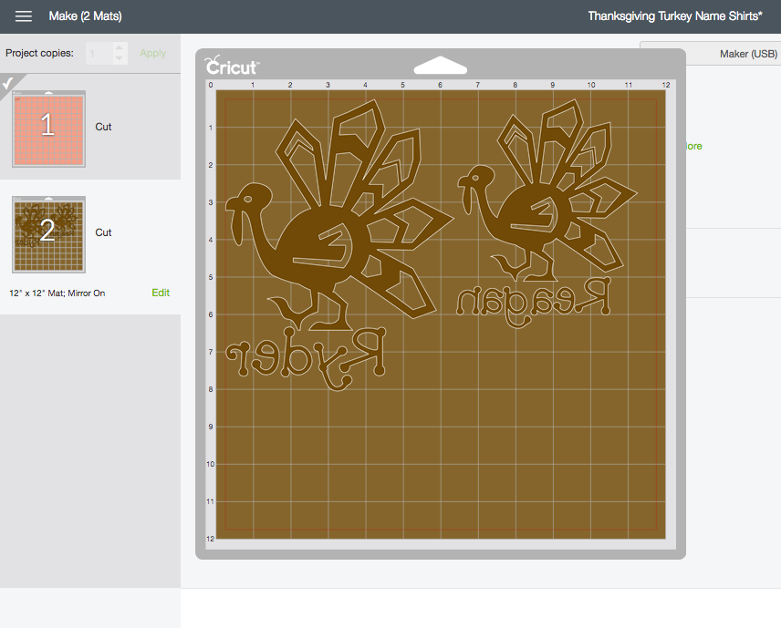 Screen shot of Cricut Design Space turkey with name design.