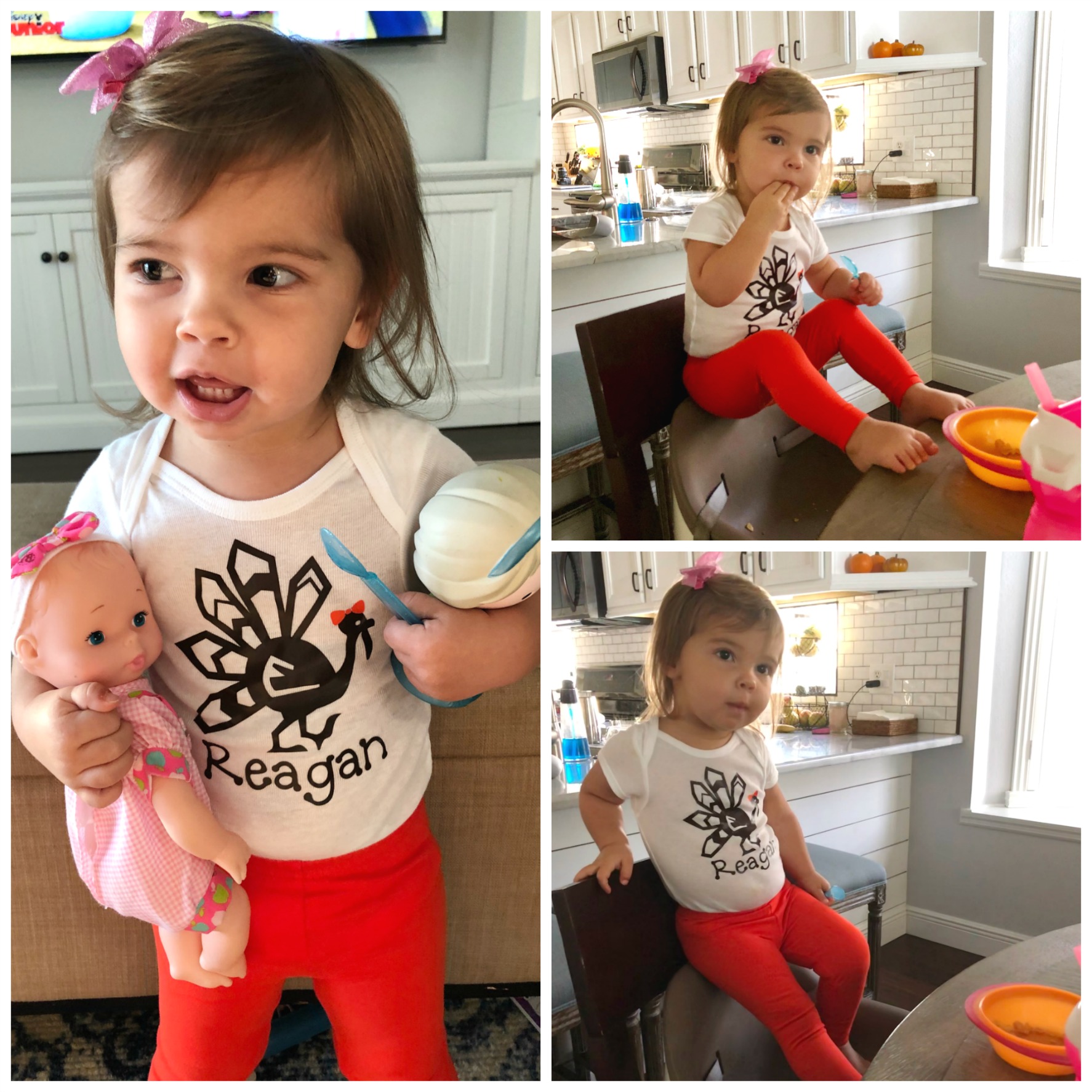 Three photos of a little girl in orange leggings and a turkey onesie with a pink bow on.