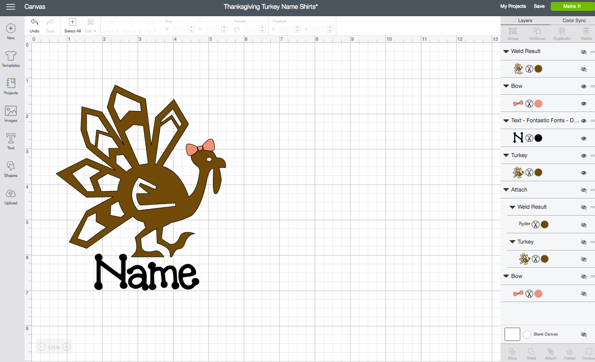 Screen shot of Cricut Design Space dashboard with turkey design and name. 