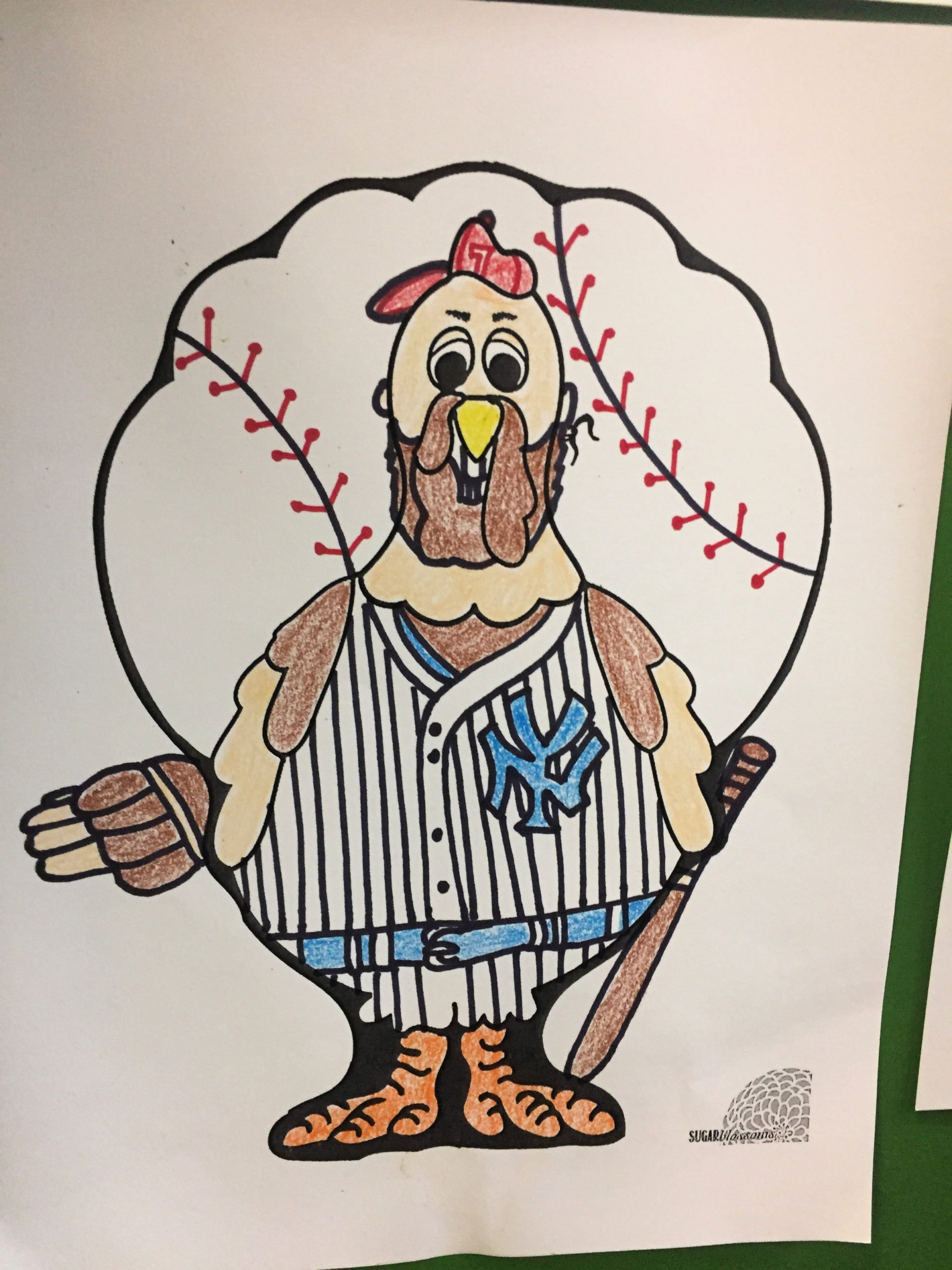 Colored Turkey In Disguise as a New York Yankees  Baseball Player with a baseball as the feathers. 