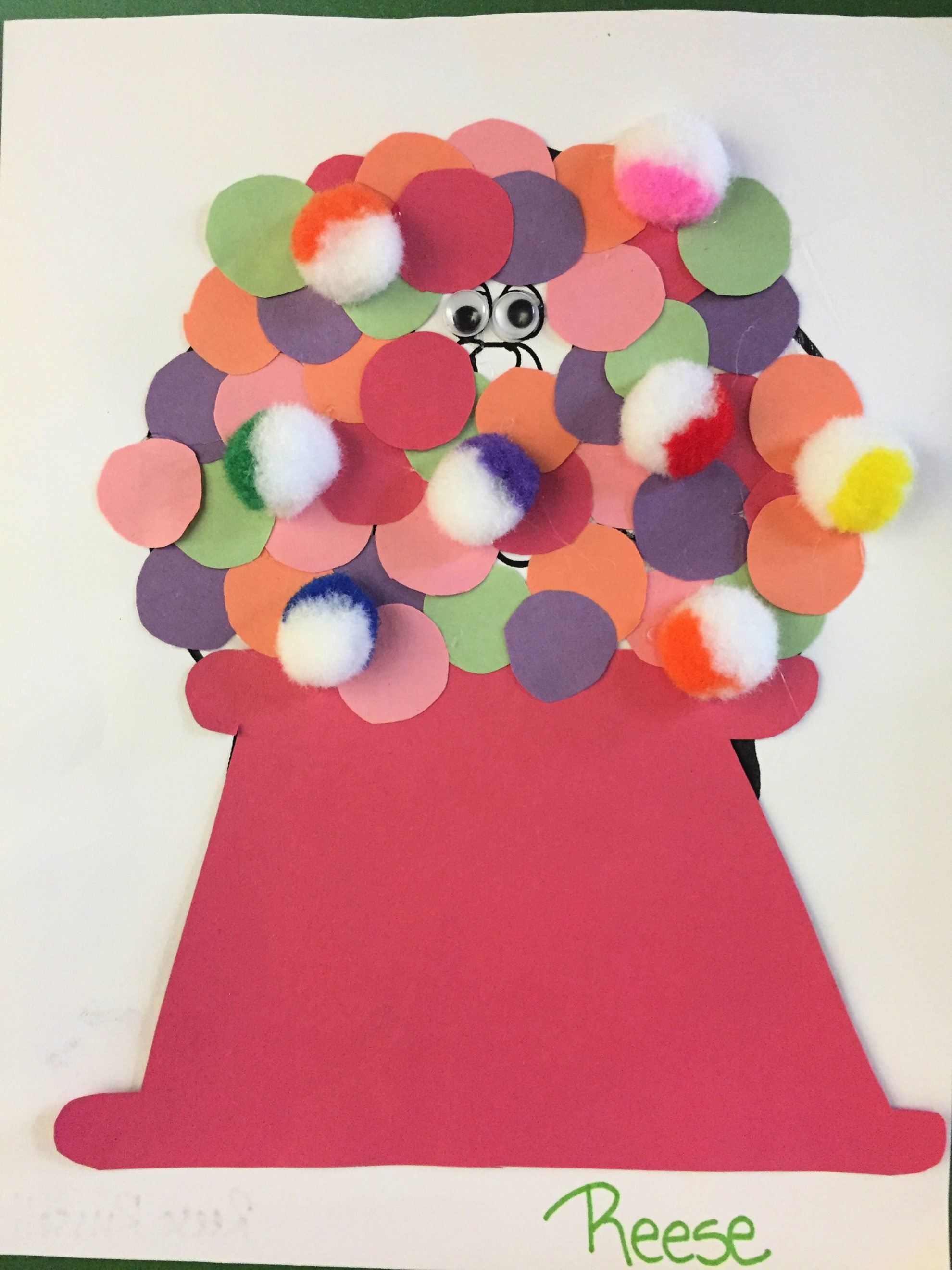Paper Turkey In Disguise as a Gumball Machine with red construction paper base, round circles as gumballs and some cotton balls dipped in colors.