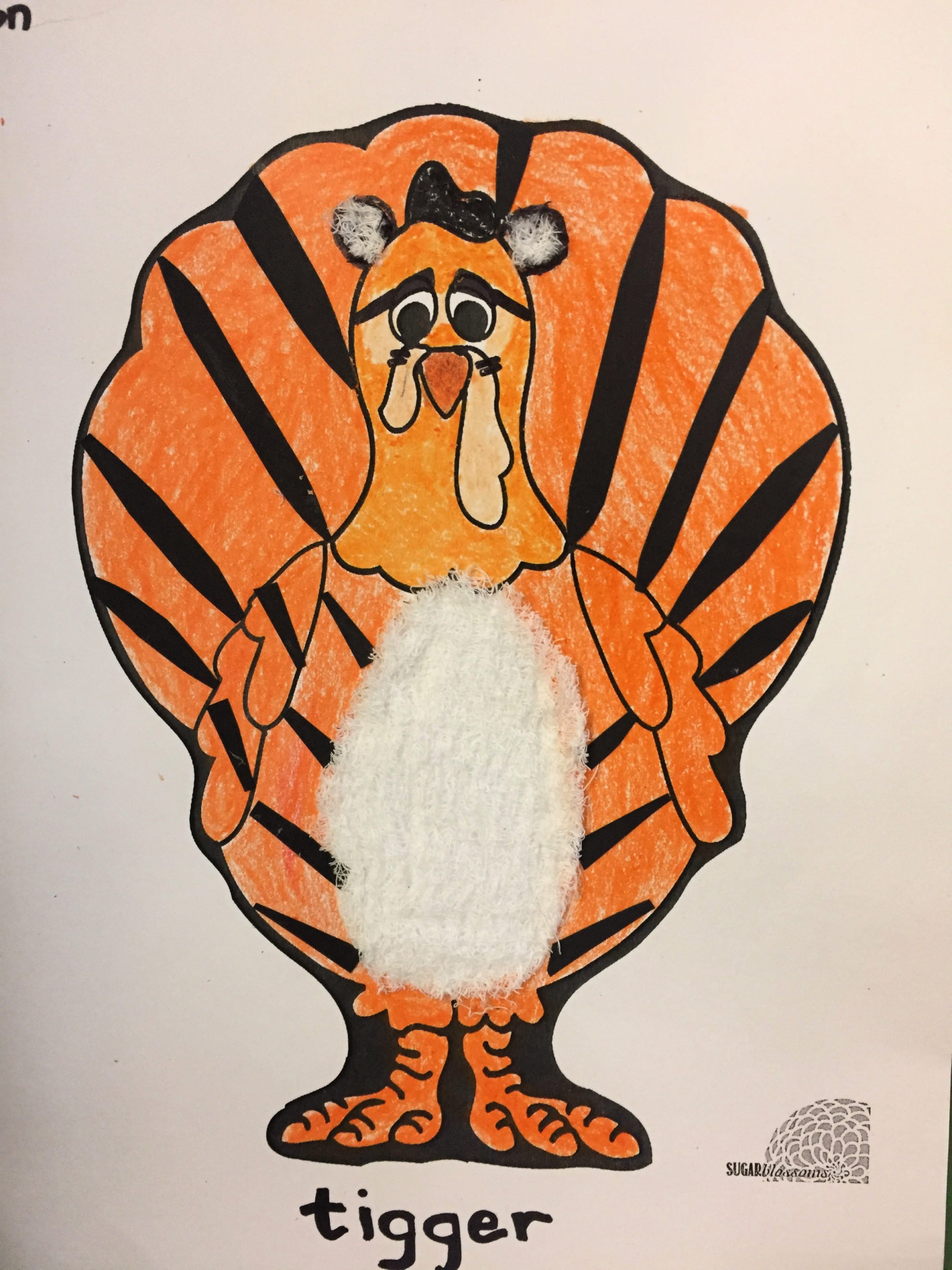 Paper Turkey In Disguise colored as  Tigger with a furry belly and ears. 