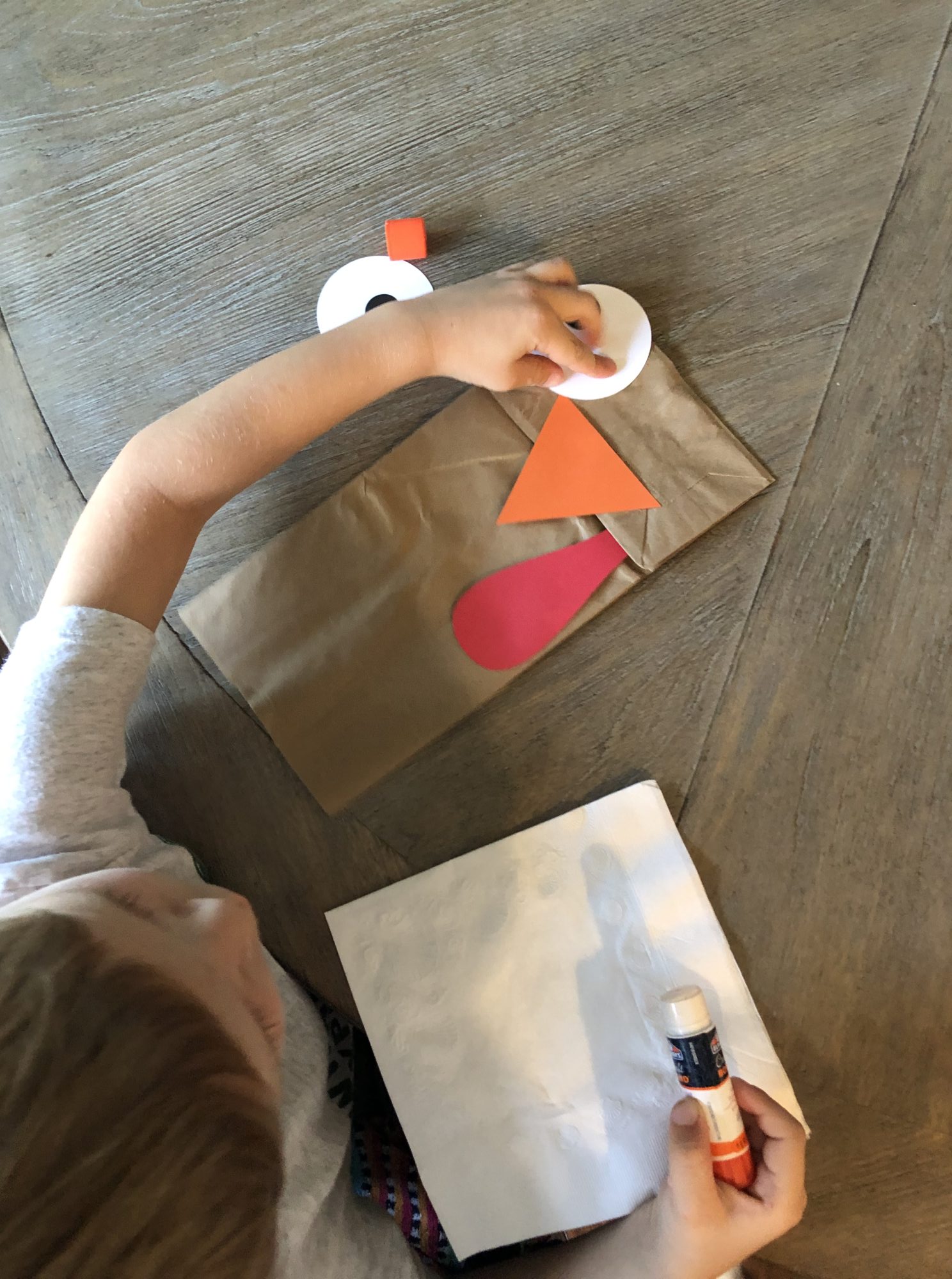 Turkey Paper Bag Puppets - glueing