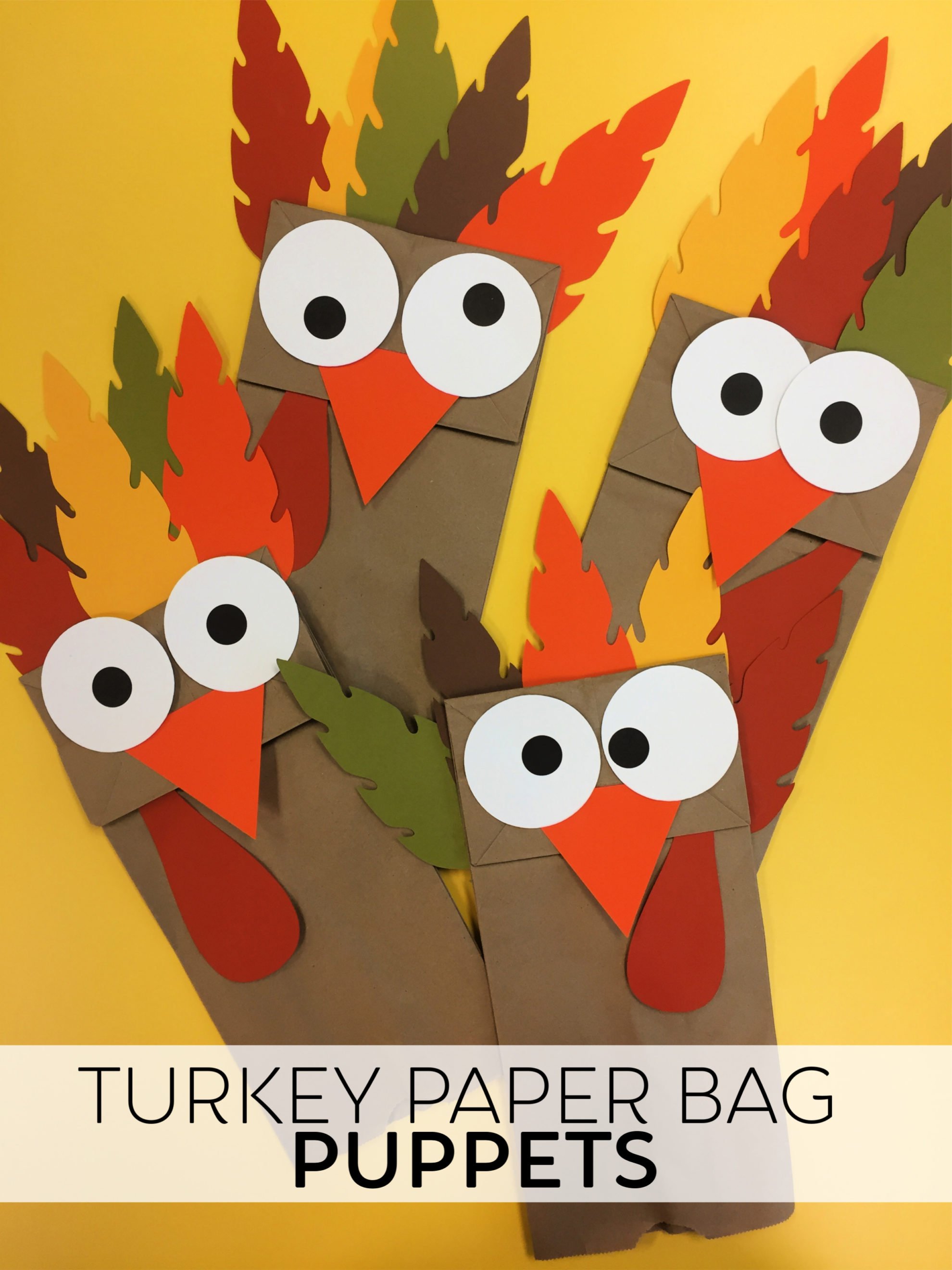 Four turkey paper bag puppets on a yellow table with post title on image for Pinterest.