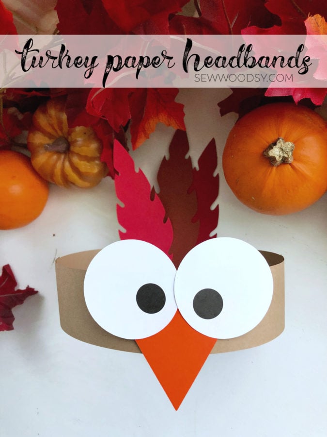 Paper Turkey Paper Headband next to fall leaves and pumpkins with text on image for Pinterest.