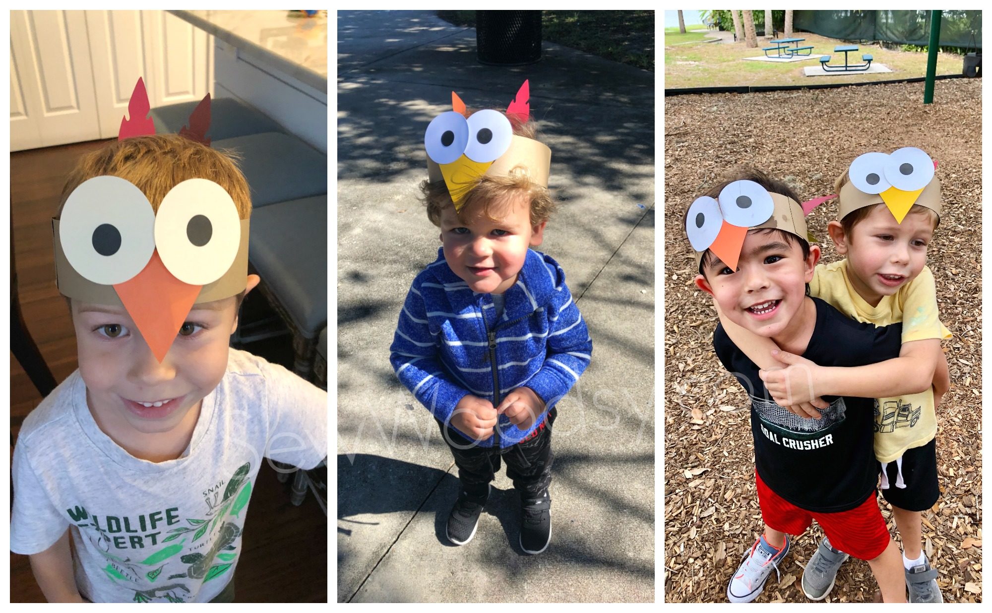 Three photos of little boys modeling the turkey headbands.