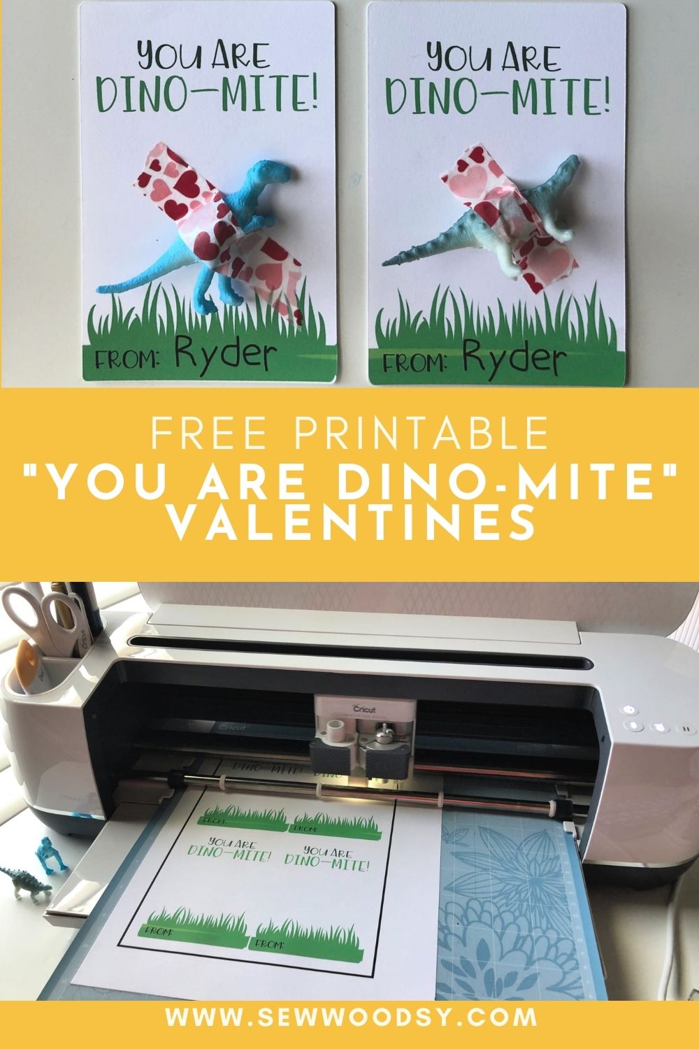 Two photos; top of two dinosaur valentines and bottom of cricut cutting the valentines with post title text on image for Pinterest.