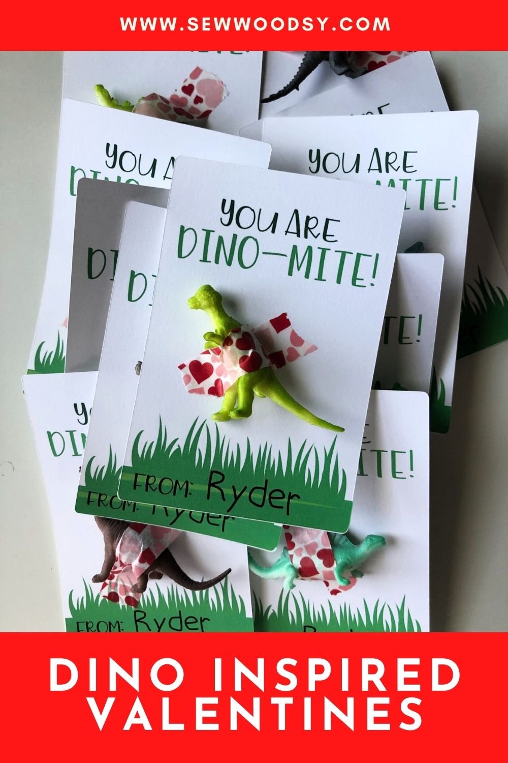 Top view of a pile of dinosaur valentines with post title text on image for Pinterest.