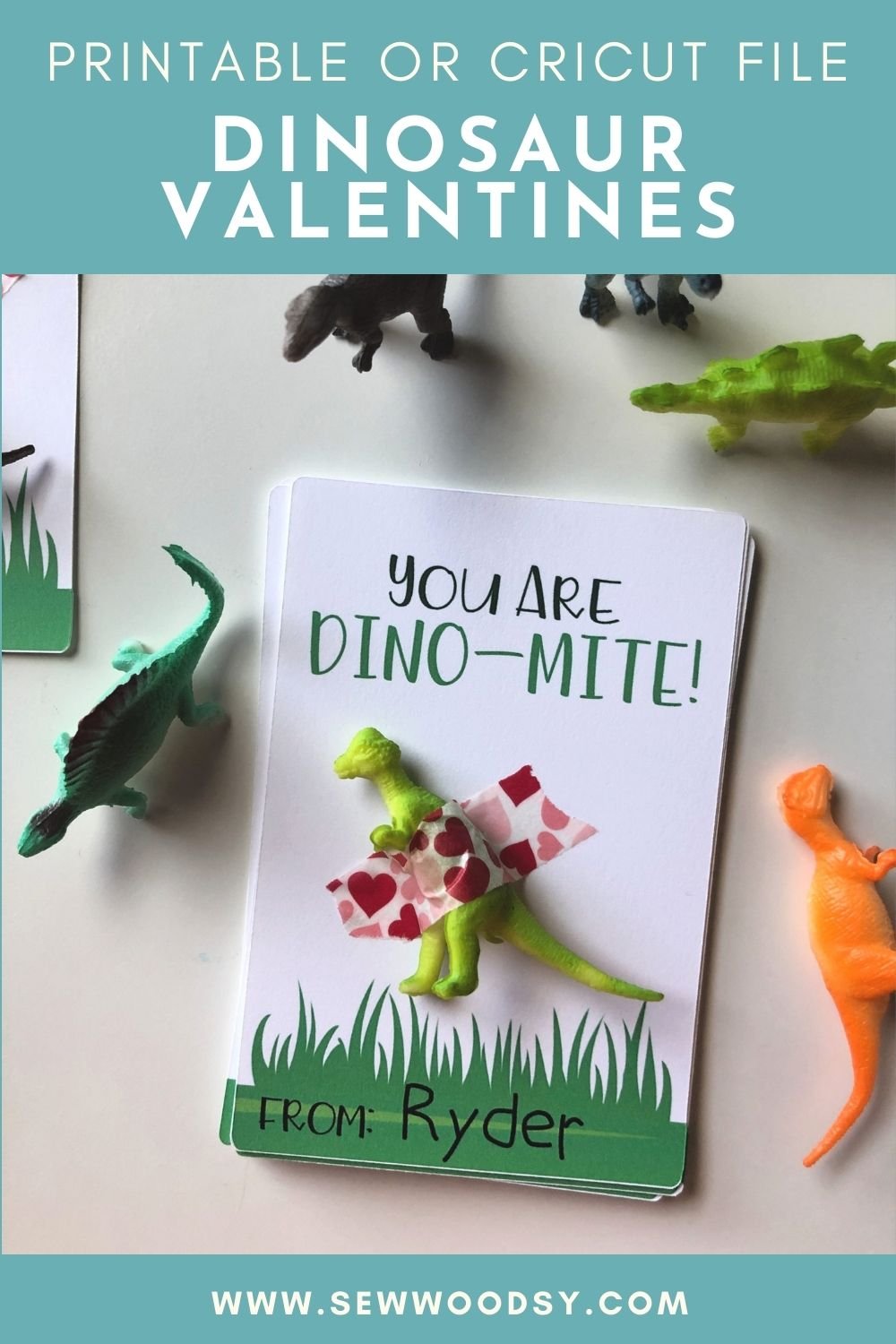 Top view of a pile of valentines with dinosaurs around it and post title text on image for Pinterest.