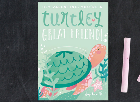 Green valentine with a sea turtle on it and says "Turtley Great Friend Valentine"