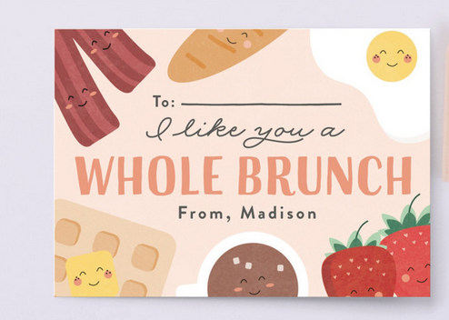 Whole Brunch Valentine with bacon, eggs, waffles on the card.