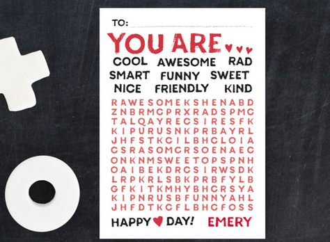 Valentine word search puzzle with words like cool, smart, awesome, rad in the search.