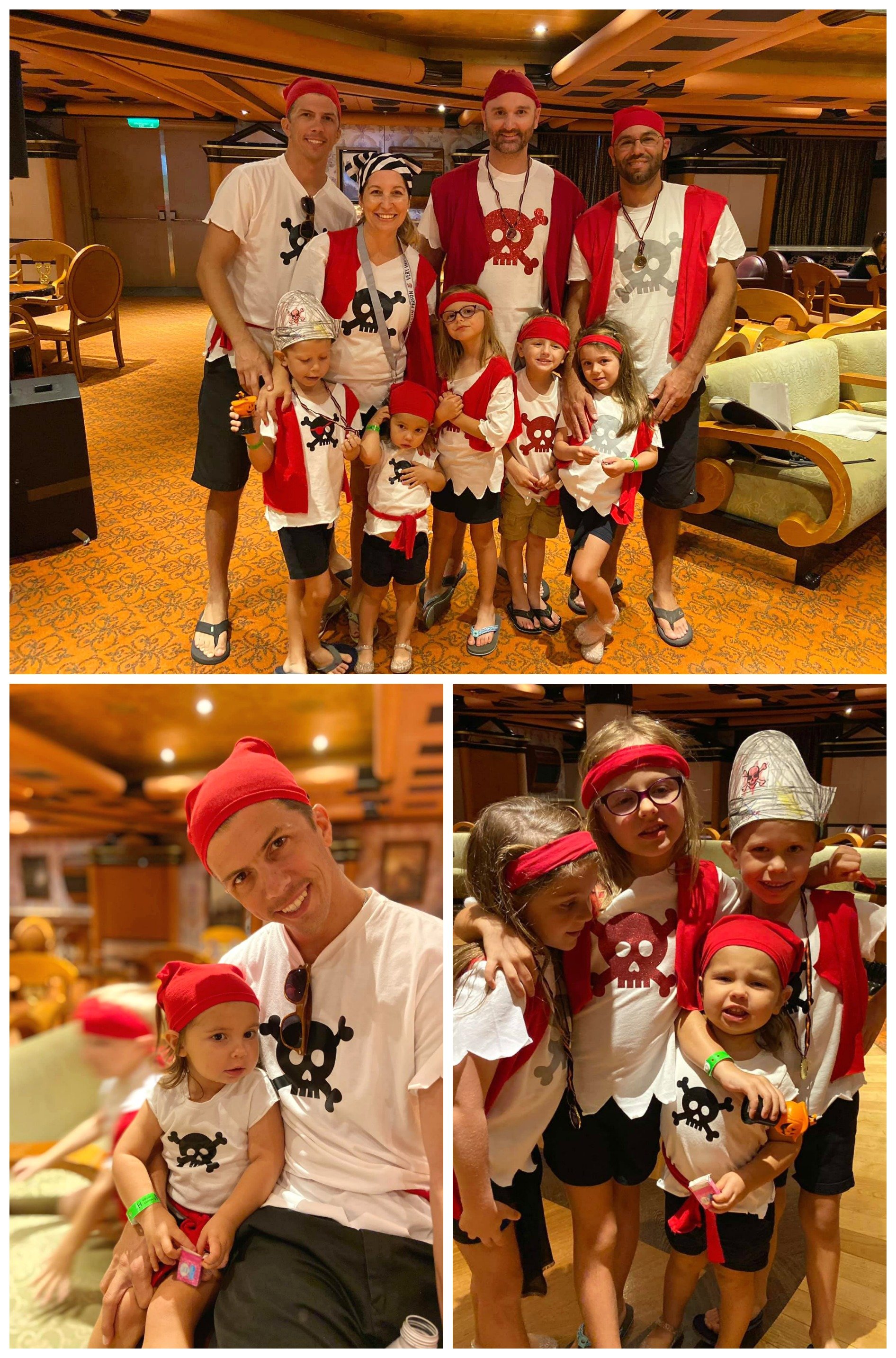 4 adults dressed as pirates with 5 kids dressed as pirates.