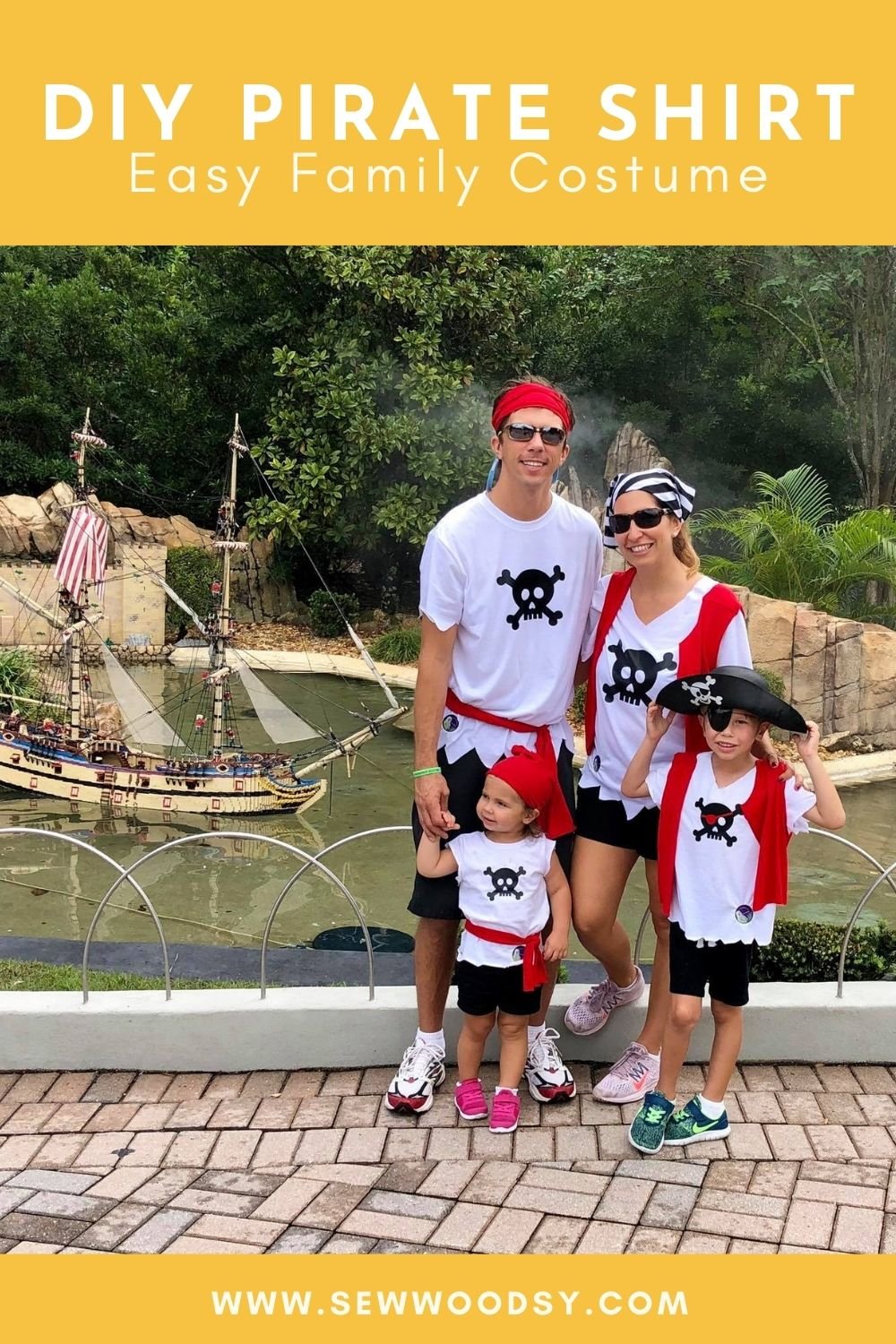 Family of four dressed in DIY Pirate Shirt costumes with text on image for Pinterest.