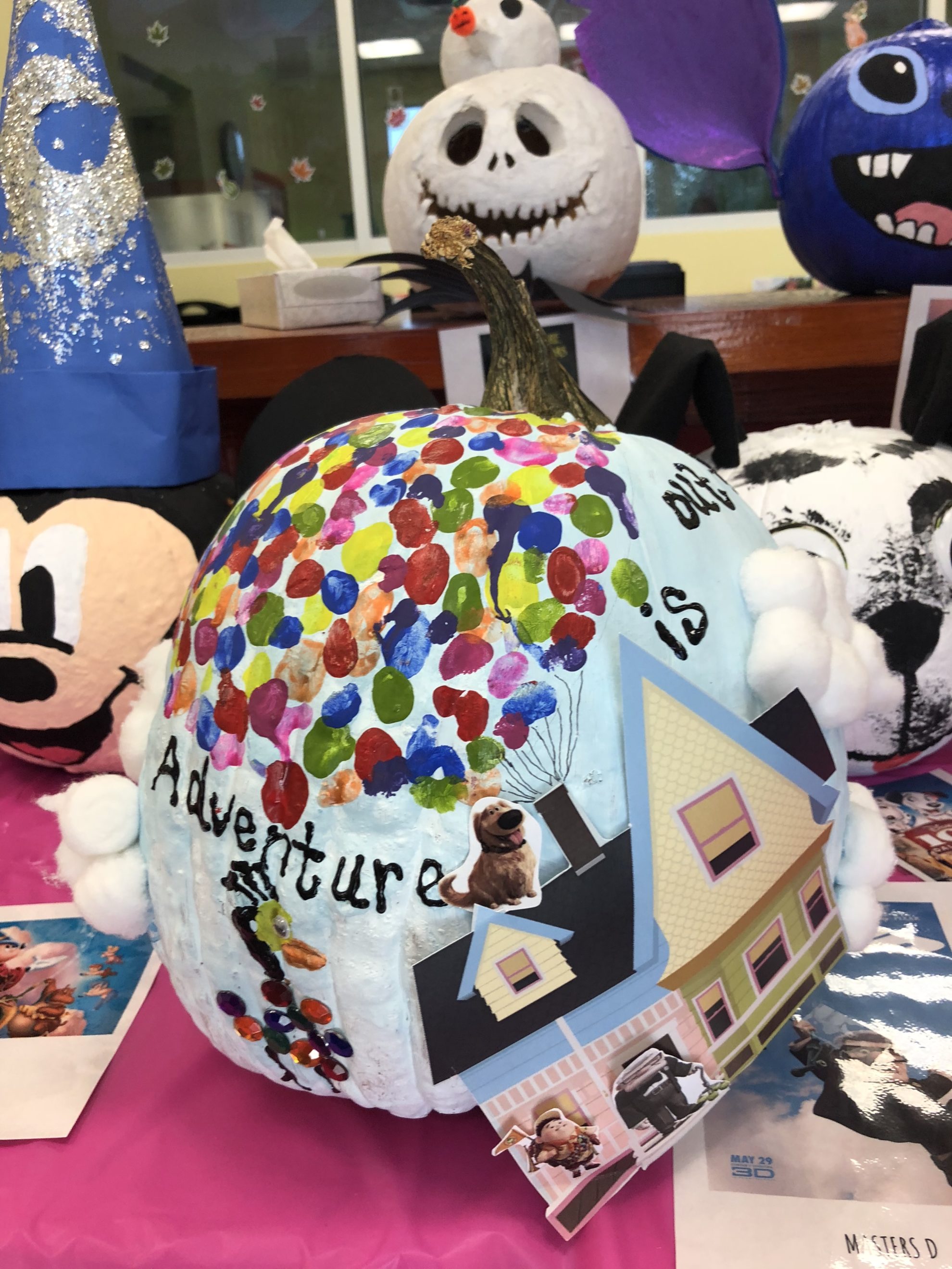 Disney's UP!  Painted pumpkin with paper print out with house. 