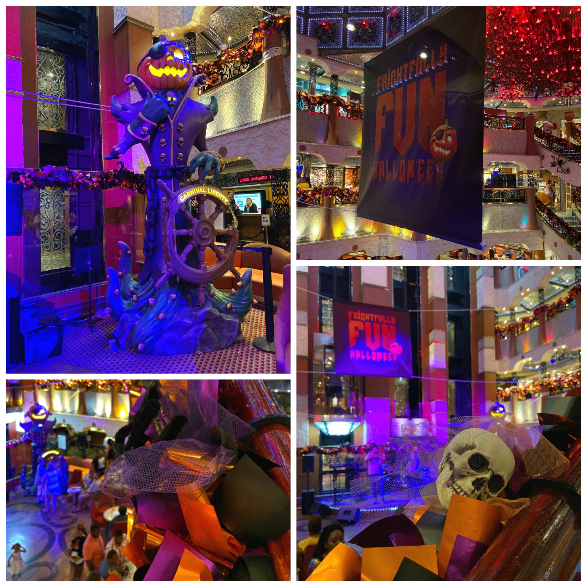 Collage of various Halloween decor on a Carnival Cruise ship.