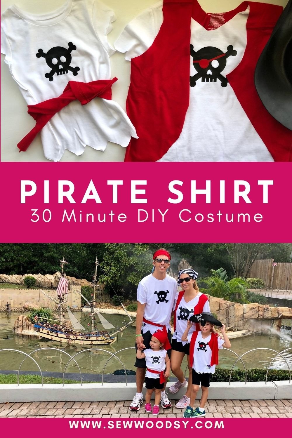 Two photos of pirate shirt costumes divided by text for Pinterest.